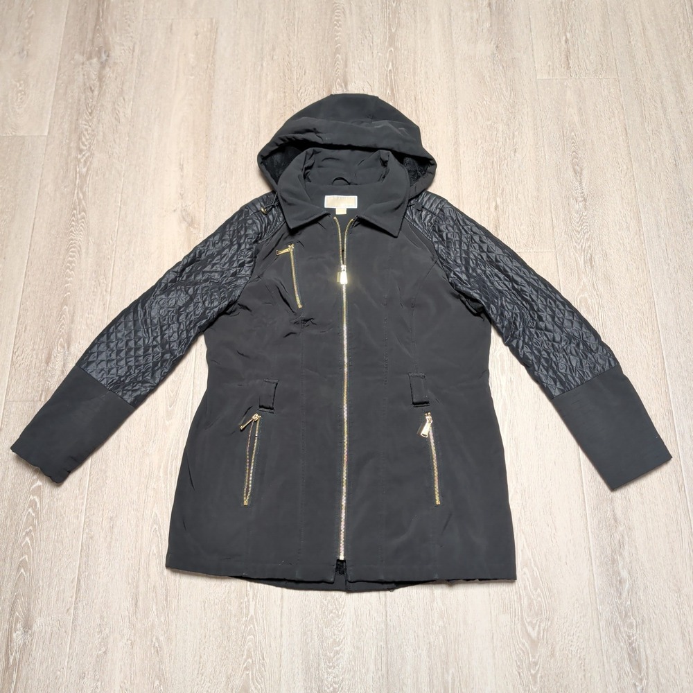 Michael Kors Womens XL Black Mixed Media Quilted Hooded Jacket Faux Fur Lining